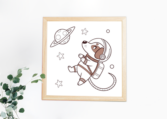 Cadre décoratif avec chiot astronaute flottant style cartoon galactique