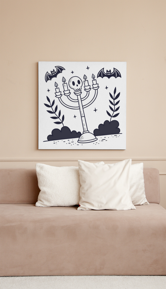 Cadre décoratif avec doodle Halloween montrant un crâne et chandelier allumé