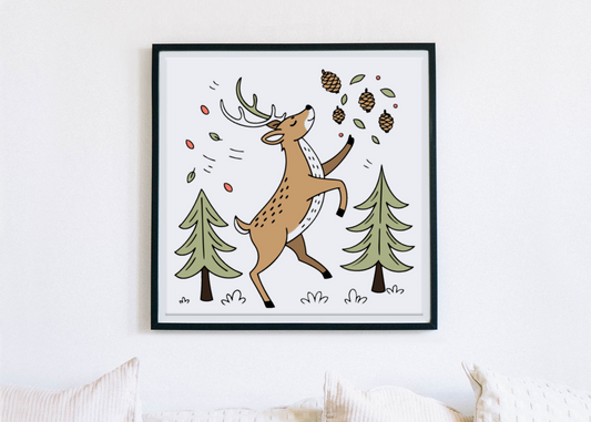 Cadre avec cerf dansant entouré de pommes de pin sur fond forestier