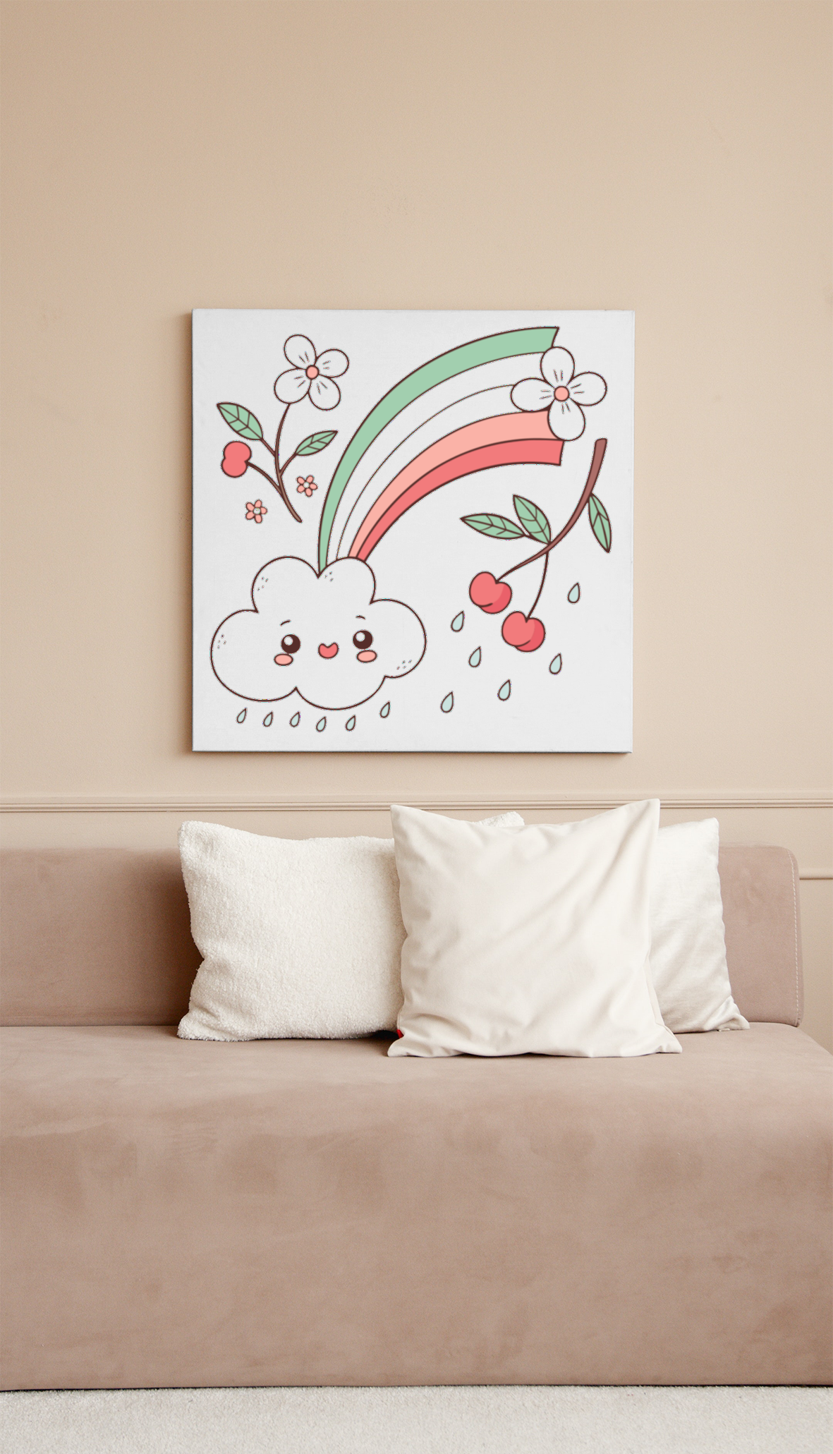 Cadre avec icône kawaii de nuage joyeux aux couleurs arc-en-ciel printanier