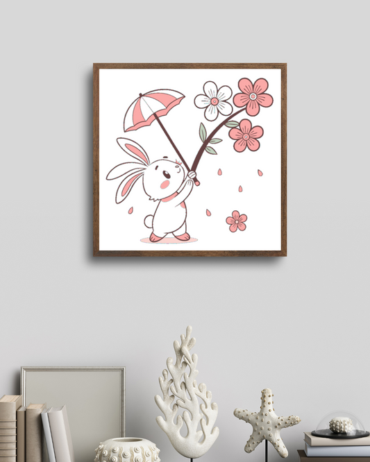 Cadre décoratif avec lapin heureux sous parapluie floral en tons pastels printaniers