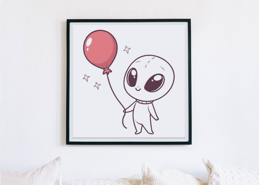 Alien kawaii dans un cadre, parfait pour décorations murales et imprimés.