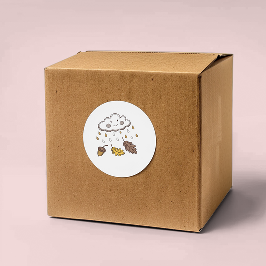 Sticker minimaliste avec nuage souriant et pluie, ambiance automnale chaleureuse