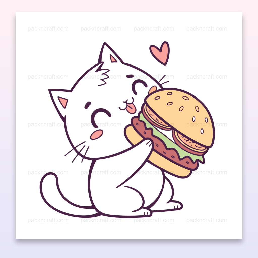 Illustration de chat kawaii câlinant un burger pour projets DIY et papeterie.