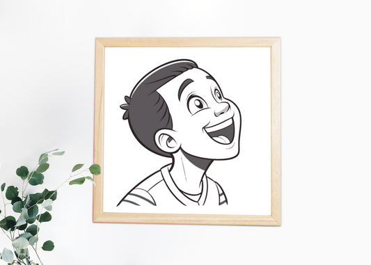 Cadre décoratif avec un enfant heureux stylisé en ligne claire et ambiance positive