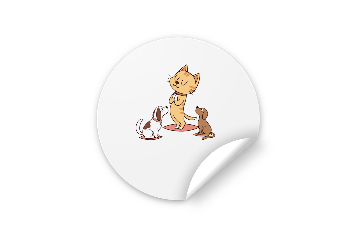 Sticker harmonieux montrant un chat et des chiens en méditation dans des tons pastels zen