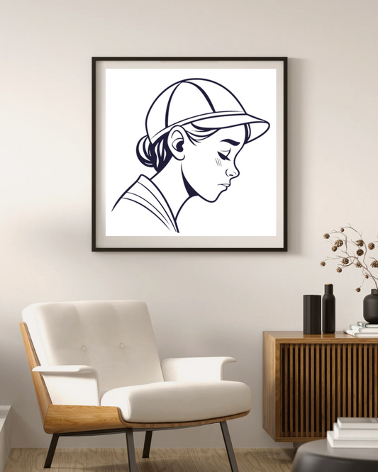 Cadre avec illustration minimaliste d'une jeune fille pensive en portrait émotionnel