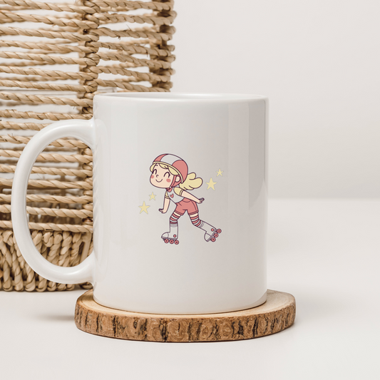 Mug décoré d'une fillette joyeuse en rollers style minimaliste pour l'été