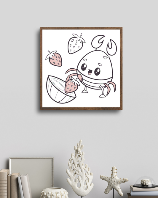 Cadre avec crabe joyeux et fraises volantes pastel sur thème marin, ambiance sereine