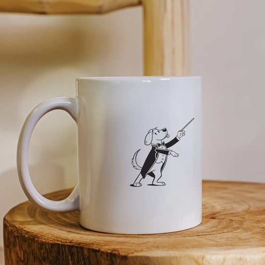 Mug avec design rétro de chien chef d'orchestre sur scène musicale