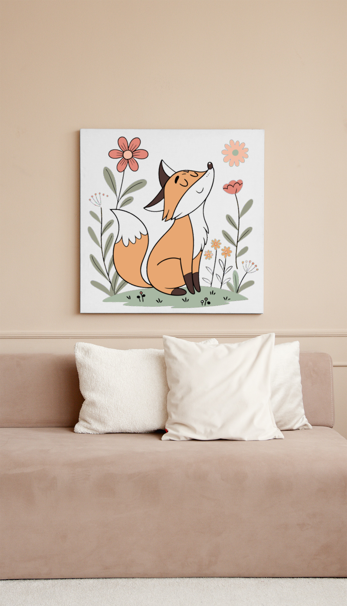 Cadre décoratif avec renard en style pastel dans un jardin fleuri paisible