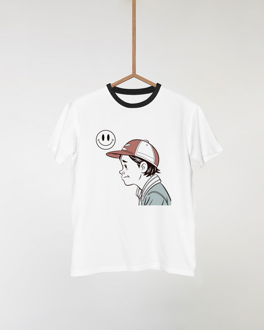T-shirt style rétro avec icône garçon pensif casquette en cartoon épuré