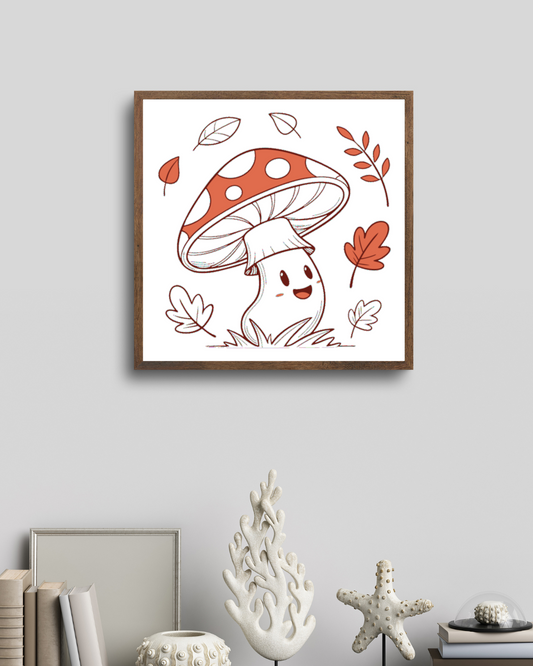 Cadre décoratif avec champignon doodle automnal, idéal pour un intérieur cosy