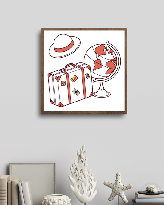 Cadre décoratif avec globe et valise rétro stylisés pour amateurs de voyage
