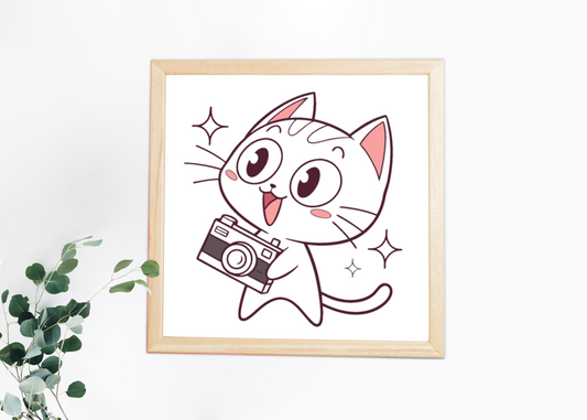 Cadre avec chat kawaii souriant appareil photo en main ambiance joyeuse et moderne