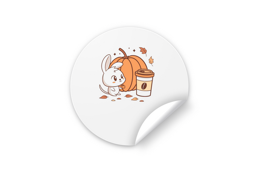 Sticker kawaii automne avec lapin curieux et citrouille affiche un charme doux et ludique
