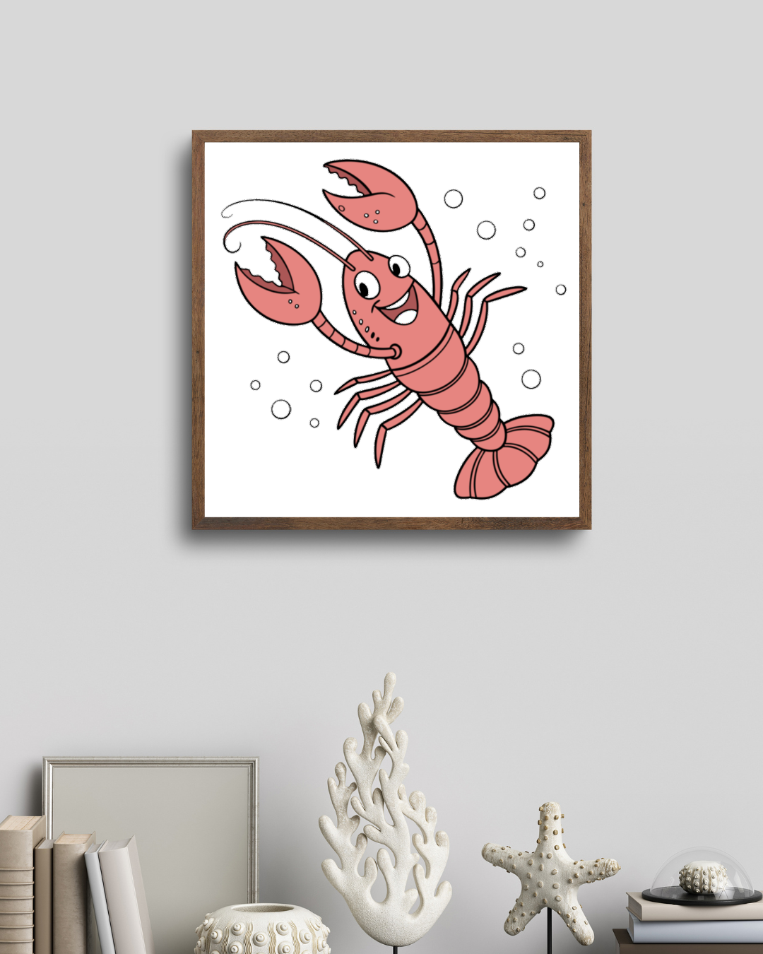 Cadre décoratif avec un homard vectoriel, style marin, idéal pour l'océan intérieur