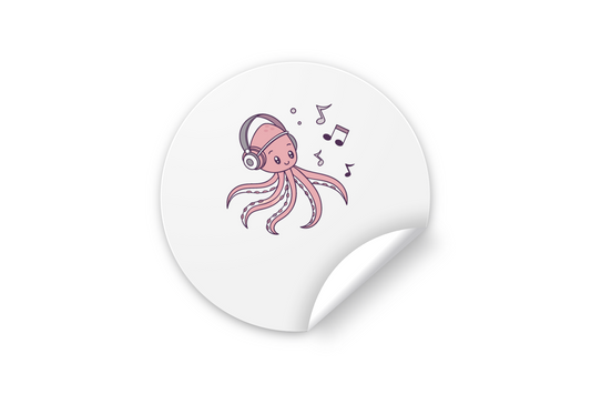 Sticker vibrant représentant un poulpe mélomane dans un style pastel océan musical