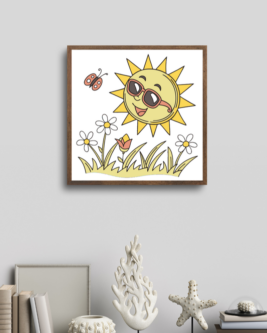 Cadre printanier avec un soleil cartoon souriant et portant des lunettes de soleil