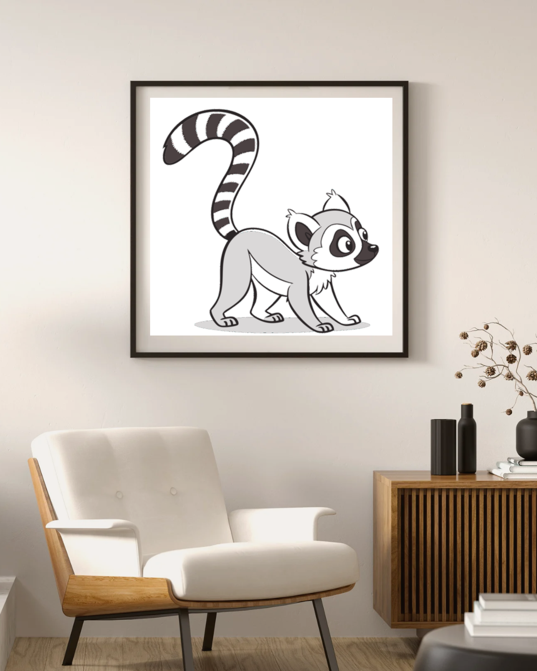 Cadre décoratif avec lémurien curieux en motif monochrome pour une touche exotique