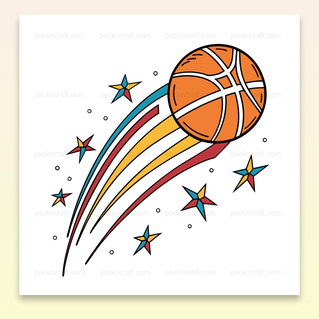 Illustration vectorielle de ballon de basket traversant des étoiles, idéale pour projets sportifs et créatifs.