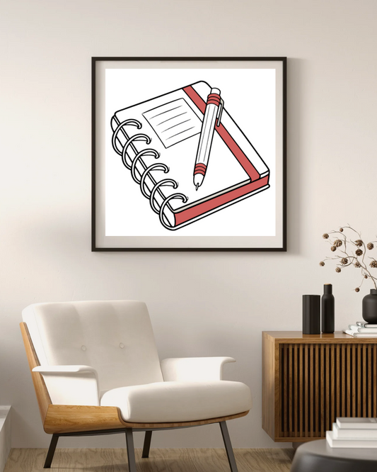 Cadre avec dessin stylisé minimaliste de cahier et stylo pour décoration moderne