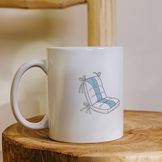 Mug avec motif pastel évoquant détente et confort, design numérique élégant
