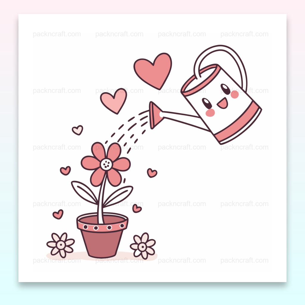 Illustration kawaii d'un arrosoir joyeux arrosant une fleur épanouie, idéale pour le printemps et les projets créatifs.