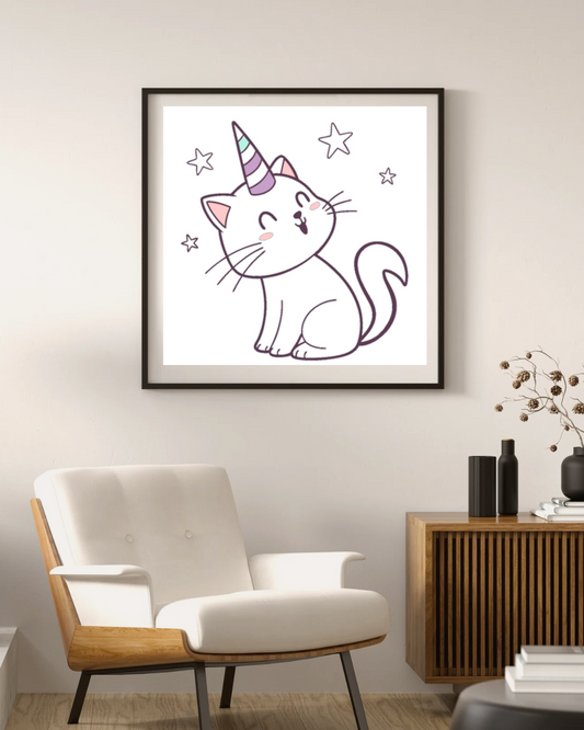 Cadre fantaisie avec un chat licorne joyeux au style kawaii et décoratif