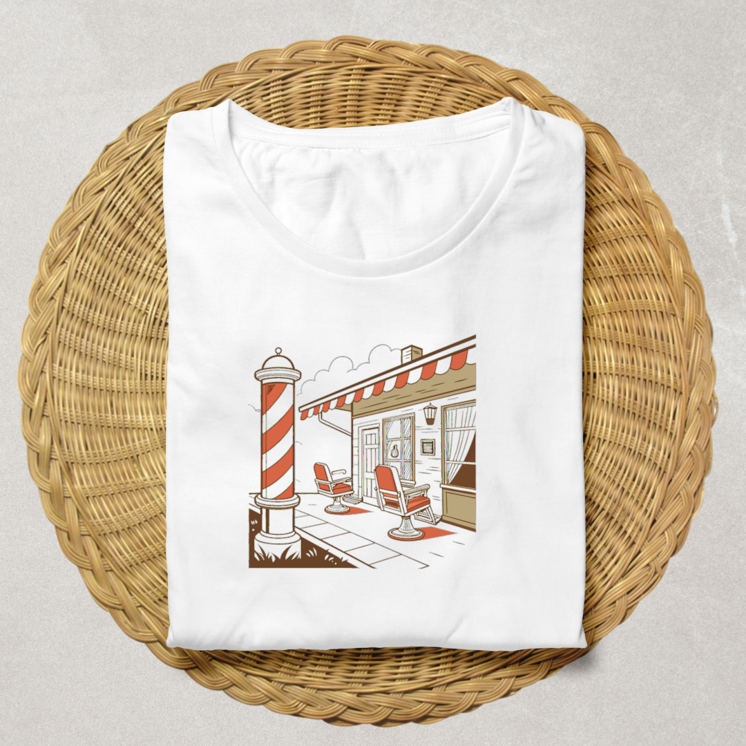 T-shirt avec design barbier rétro, parfait pour les amateurs de vintage.