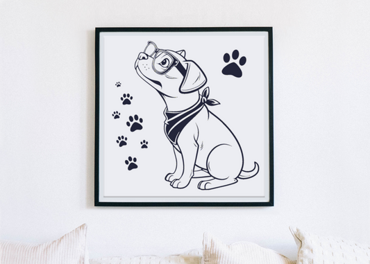 Cadre avec chien minimaliste et lunettes ajoutant une touche joviale à la déco murale