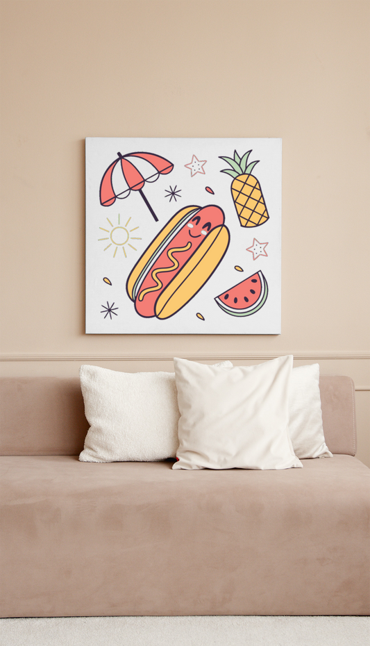 Cadre estival avec hot-dog joyeux sous un parasol coloré évasion gourmande