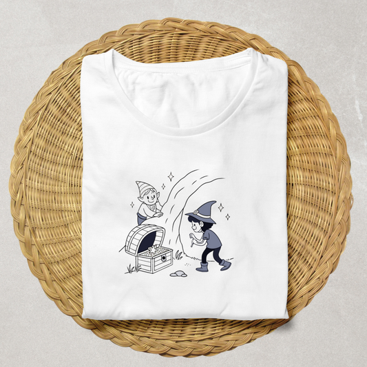 T-shirt aventure magique orné d'un lutin joyeux découvrant un trésor numérique
