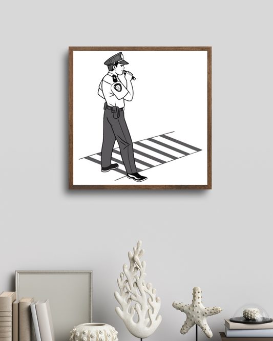 Illustration d'un policier sifflant pour la sécurité au passage piéton.
