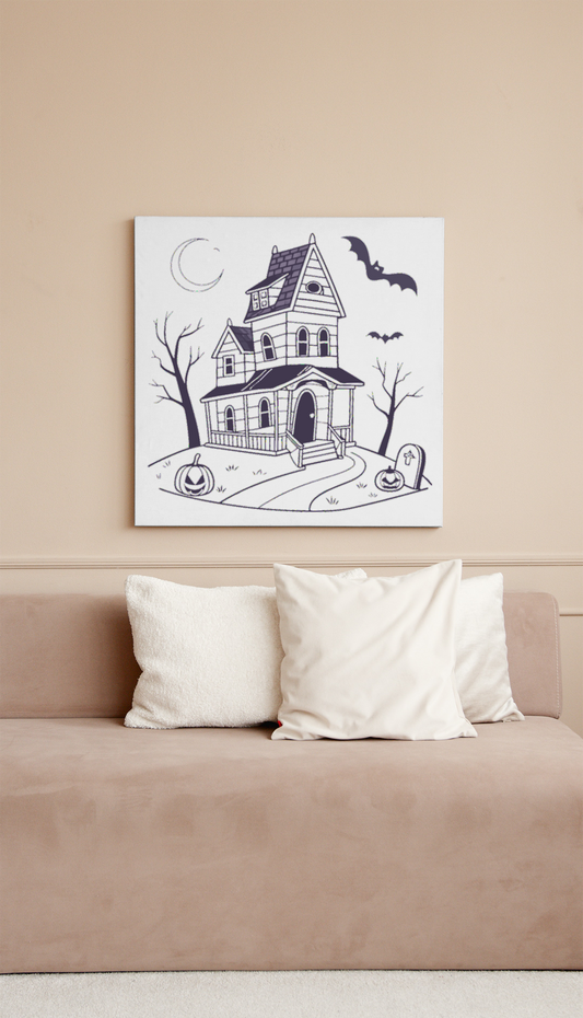 Cadre avec design éthéré évoquant l'ambiance mystérieuse d'une maison hantée