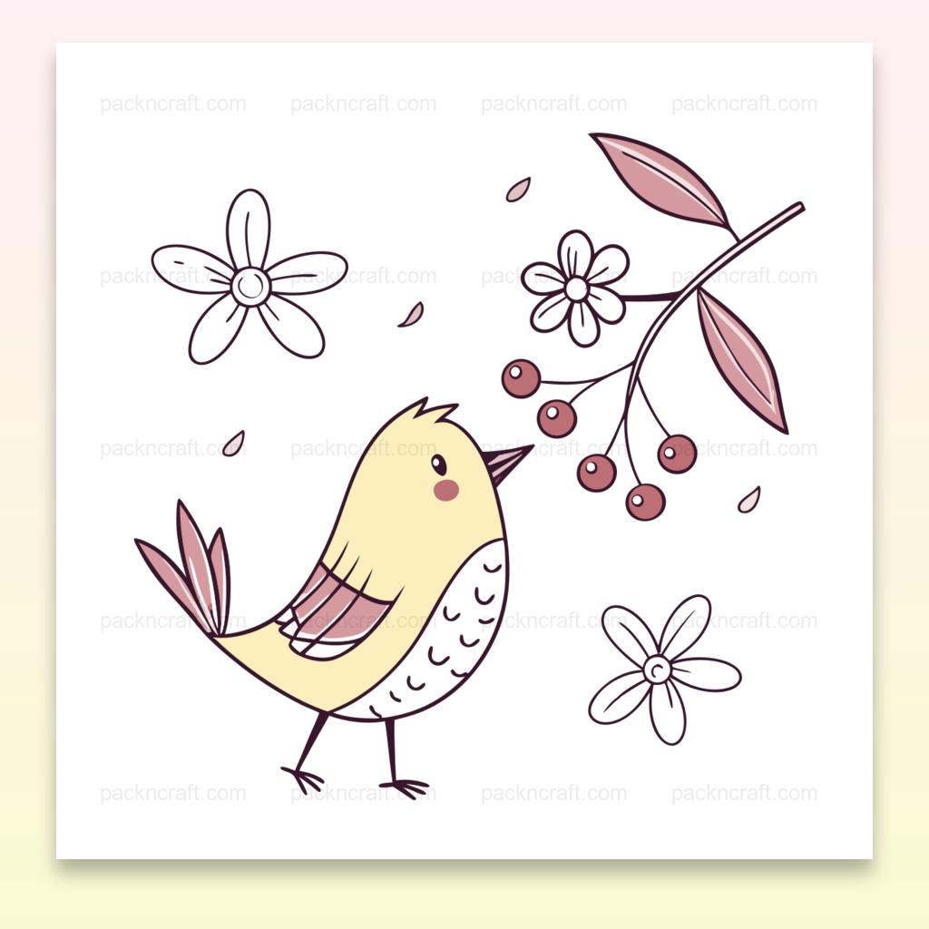 Illustration joyeuse d'un oiseau en style minimaliste avec fleurs, idéale pour DIY.