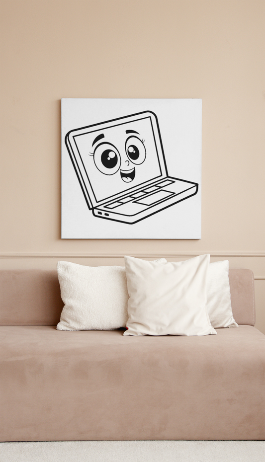 Cadre moderne affichant un laptop souriant en style minimaliste décontracté