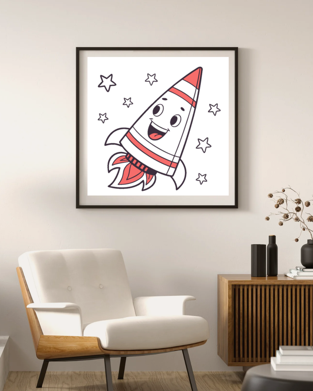 Illustration de fusée kawaii dans un cadre, déco fun pour chambre enfant