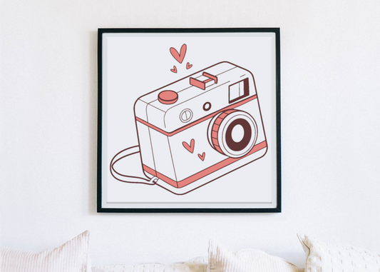 Cadre mural avec appareil photo vintage en doodle évoquant l'amour