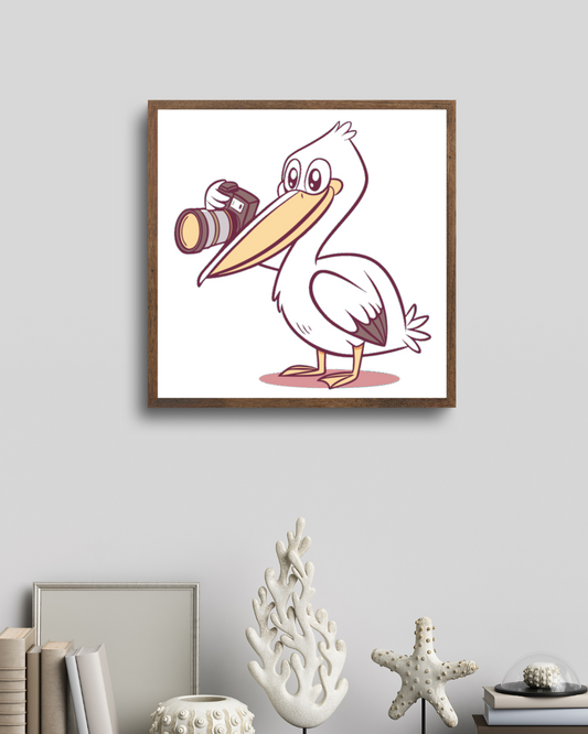 Cadre au design cartoonesque avec un pélican photographe plein de joie et de créativité