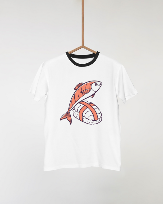 T-shirt décoré d'un saumon bondissant sur sushi, pour les passionnés de cuisine créative