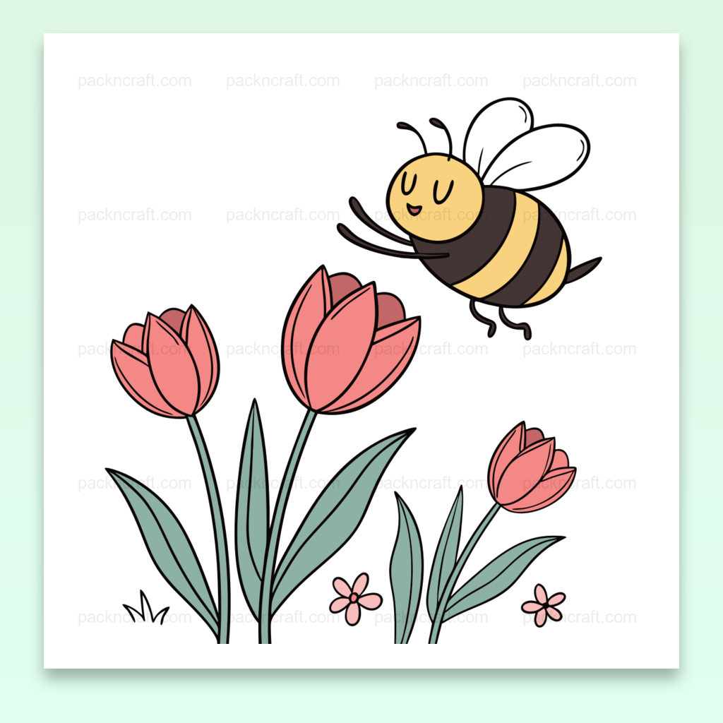 Illustration numérique d'une abeille joyeuse parmi des tulipes pour projets DIY.