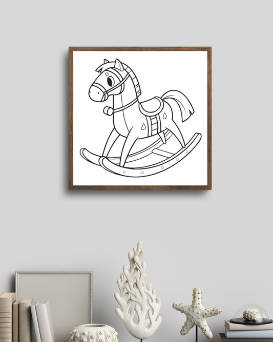 Cadre décoratif avec cheval à bascule enjoué minimaliste et nostalgique