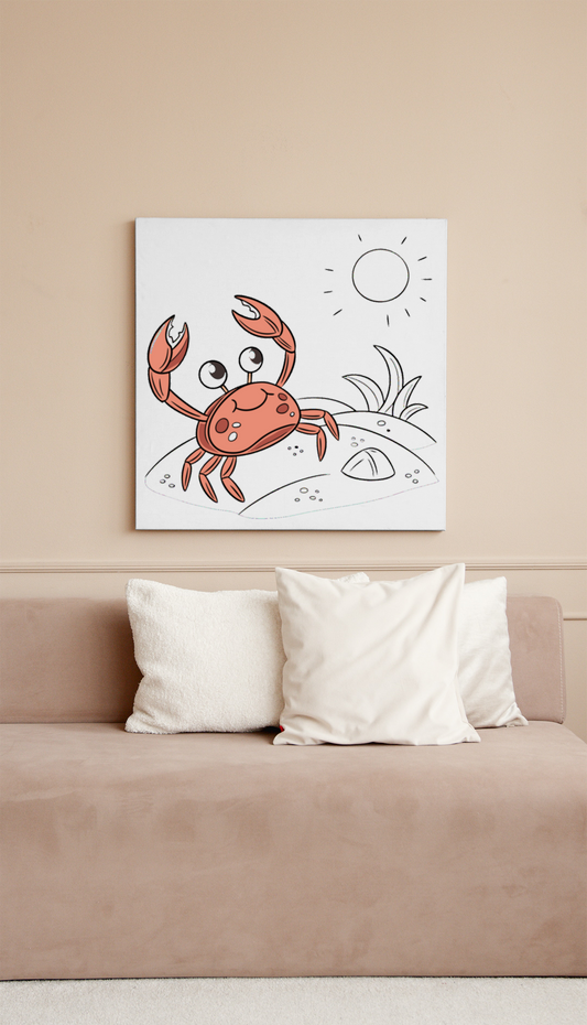 Cadre avec crabe joyeux style cartoon en décor de plage coloré et amusant