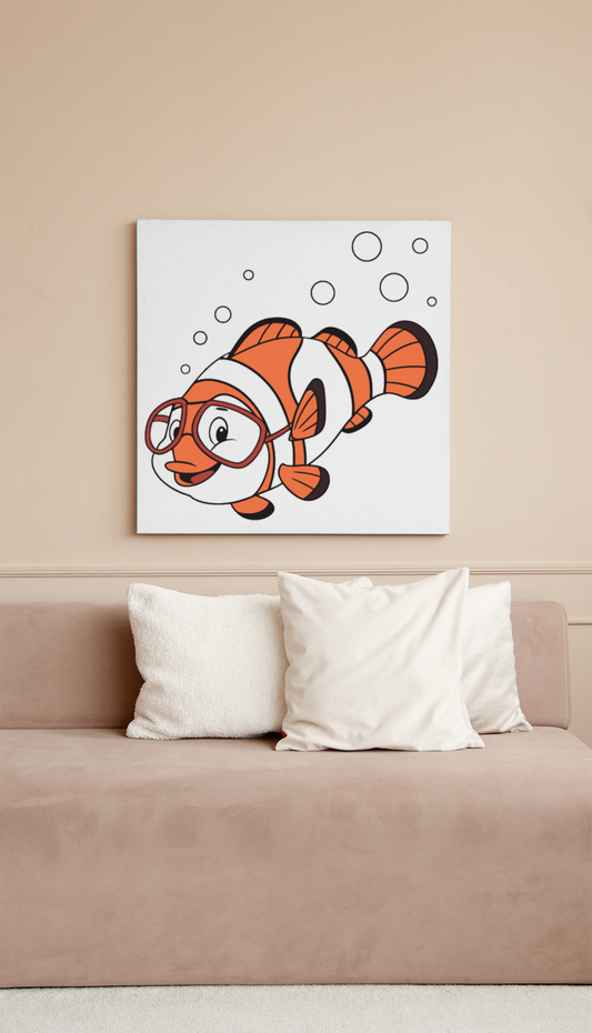 Cadre décoratif avec poisson-clown curieux stylisé pour une touche marine audacieuse