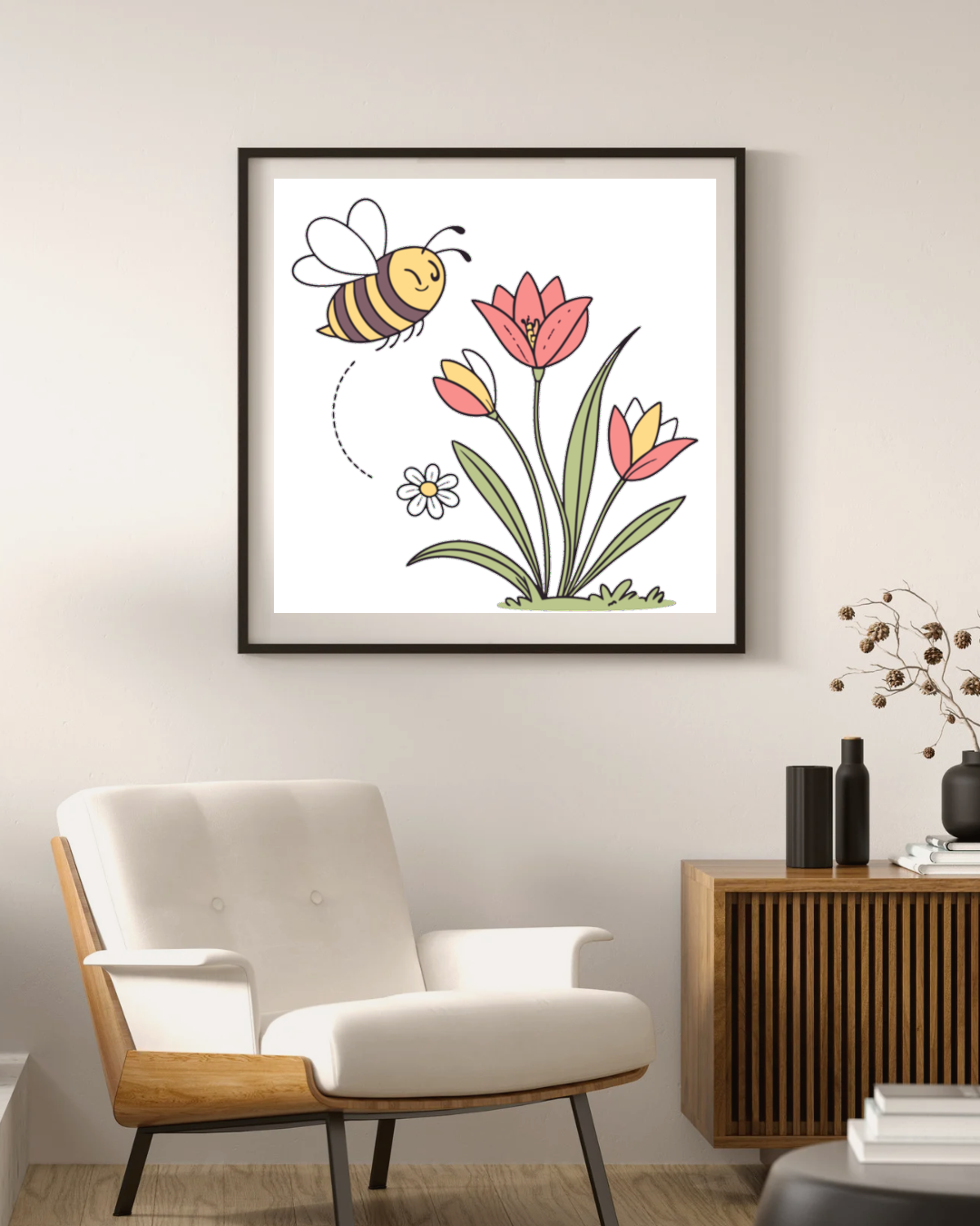 Cadre affichant une abeille joyeuse parmi les fleurs style kawaii printanier