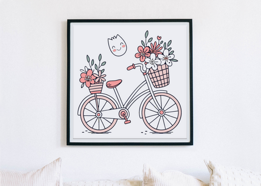 Cadre élégant avec vélo fleuri et sourire pétillant en style pastel poétique