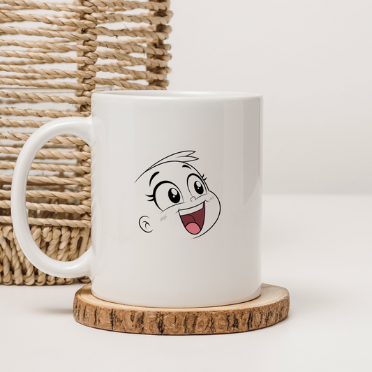 Mug décoré d'un visage joyeux style cartoon exprimant des émotions vives