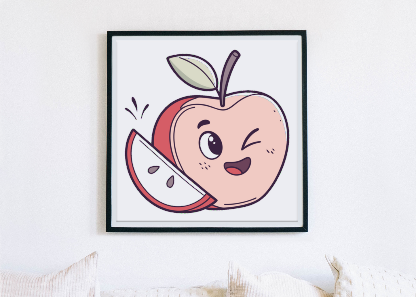 Cadre avec une pomme kawaii clignante aux couleurs vives pour décoration murale