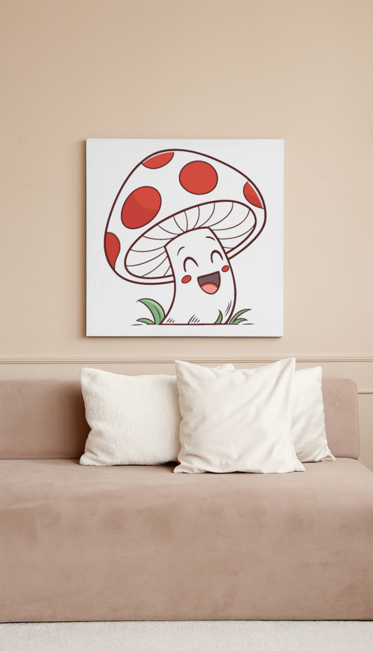 Cadre en bois avec un champignon joyeux style cartoon sur fond naturel